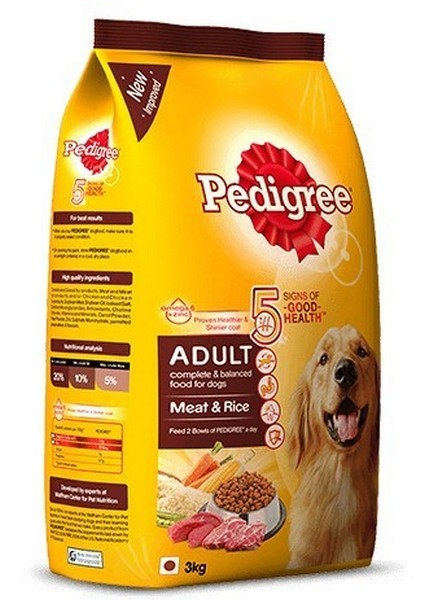 Pedigree Dry Dog Food Meat & Rice, For Adult Dogs, 3Kg
