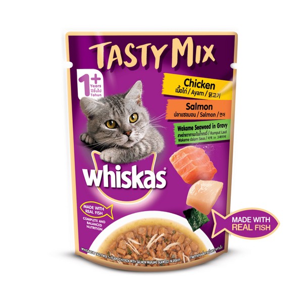 Whiskas Tasty Mix Chicken, Salmon and Wakame Seaweed in Gravy for Adult Cat,70gm