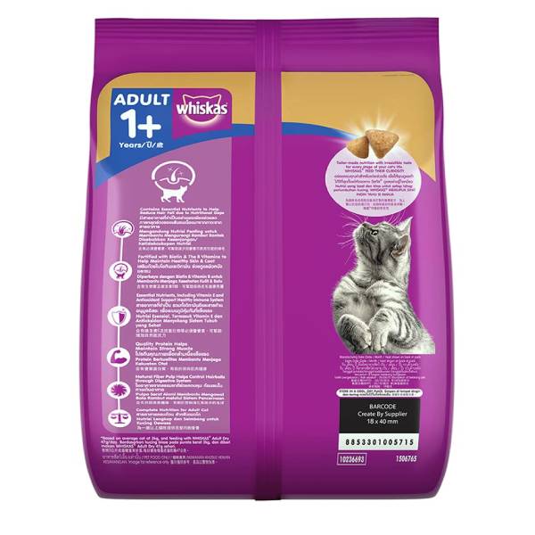 Whiskas Dry Adult Cat Food (1+ Years) Chicken and Salmon Flavour For Healthy Skin and Coat, 450 Gm
