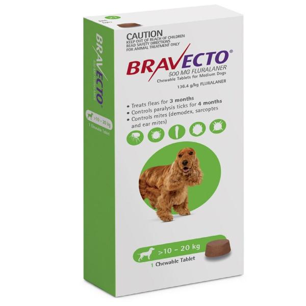 BRAVECTO Flea And Tick Chew For Dogs (10-20 Kg), 500 Mg, 1 Chew Tablet, Green